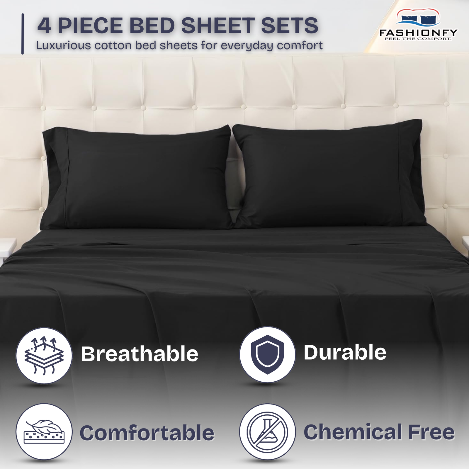 FASHIONFY Luxury 4 Piece Bed Sheet Set with 1 Flat Sheet, 1 Fitted Sheet & 2 Pillowcases - Image 2