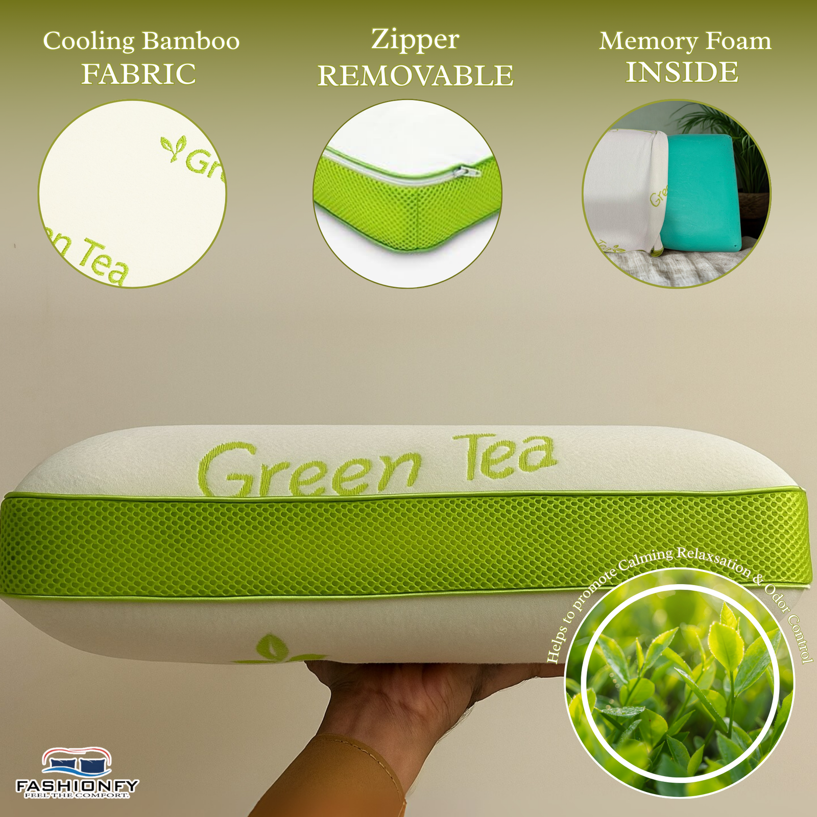 FASHIONFY® Green Tea Memory Foam Pillow for Side Sleepers, Hot Sleepers, Neck Pain, Shoulder Pain & Back Support - Image 5
