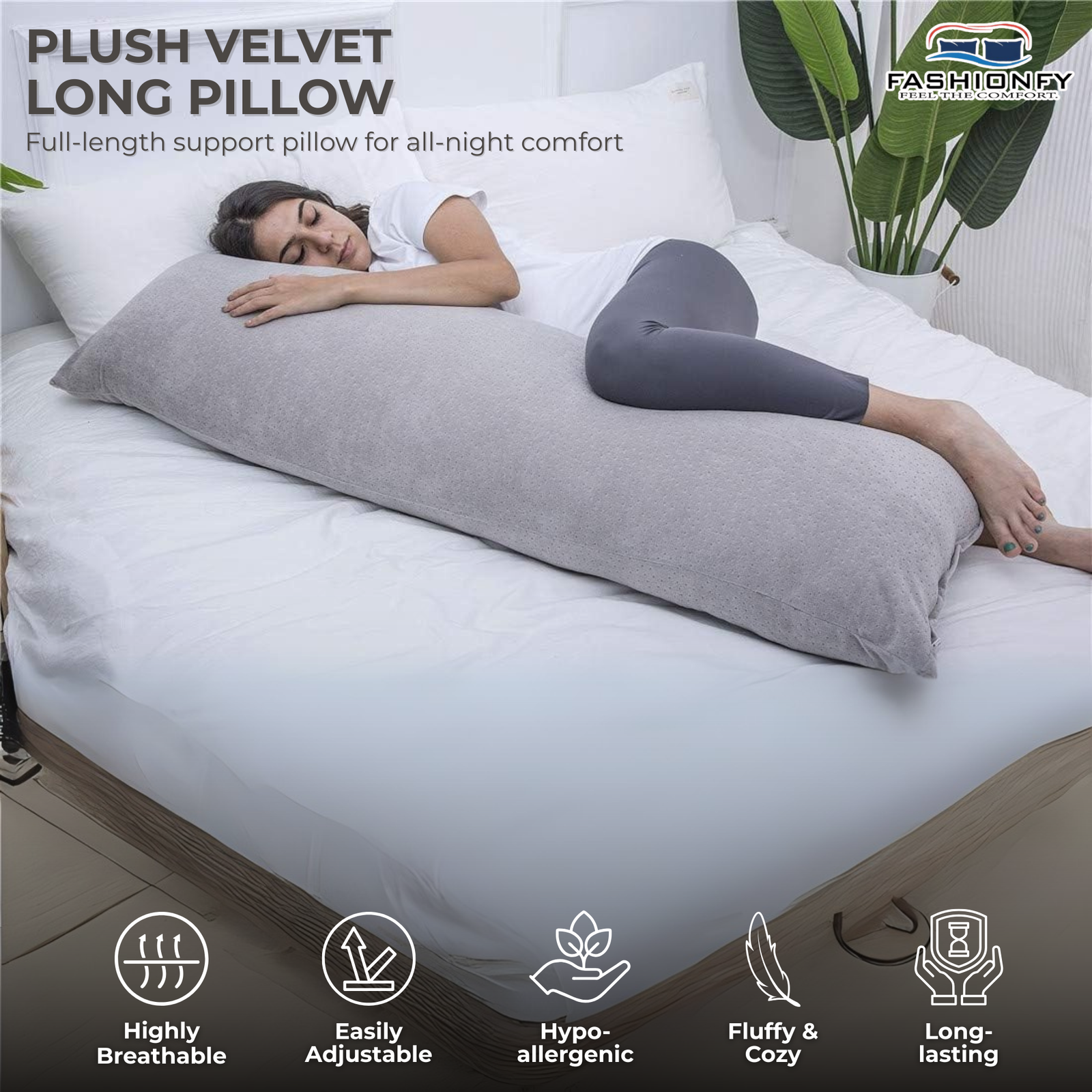 FASHIONFY® Long Body Pillow with Velvet Cover | Straight Pregnancy Pillow for Belly Support & Hip Pain - Image 3