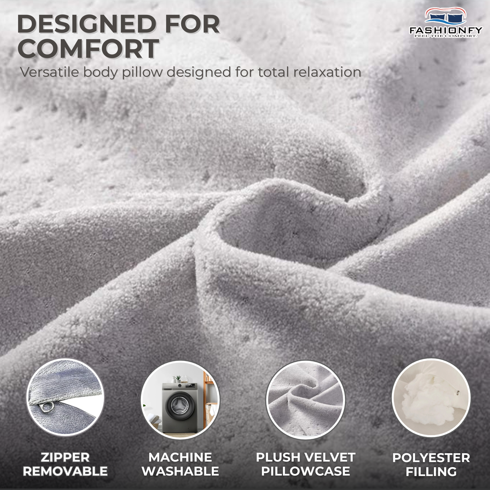 FASHIONFY® Long Body Pillow with Velvet Cover | Straight Pregnancy Pillow for Belly Support & Hip Pain - Image 4