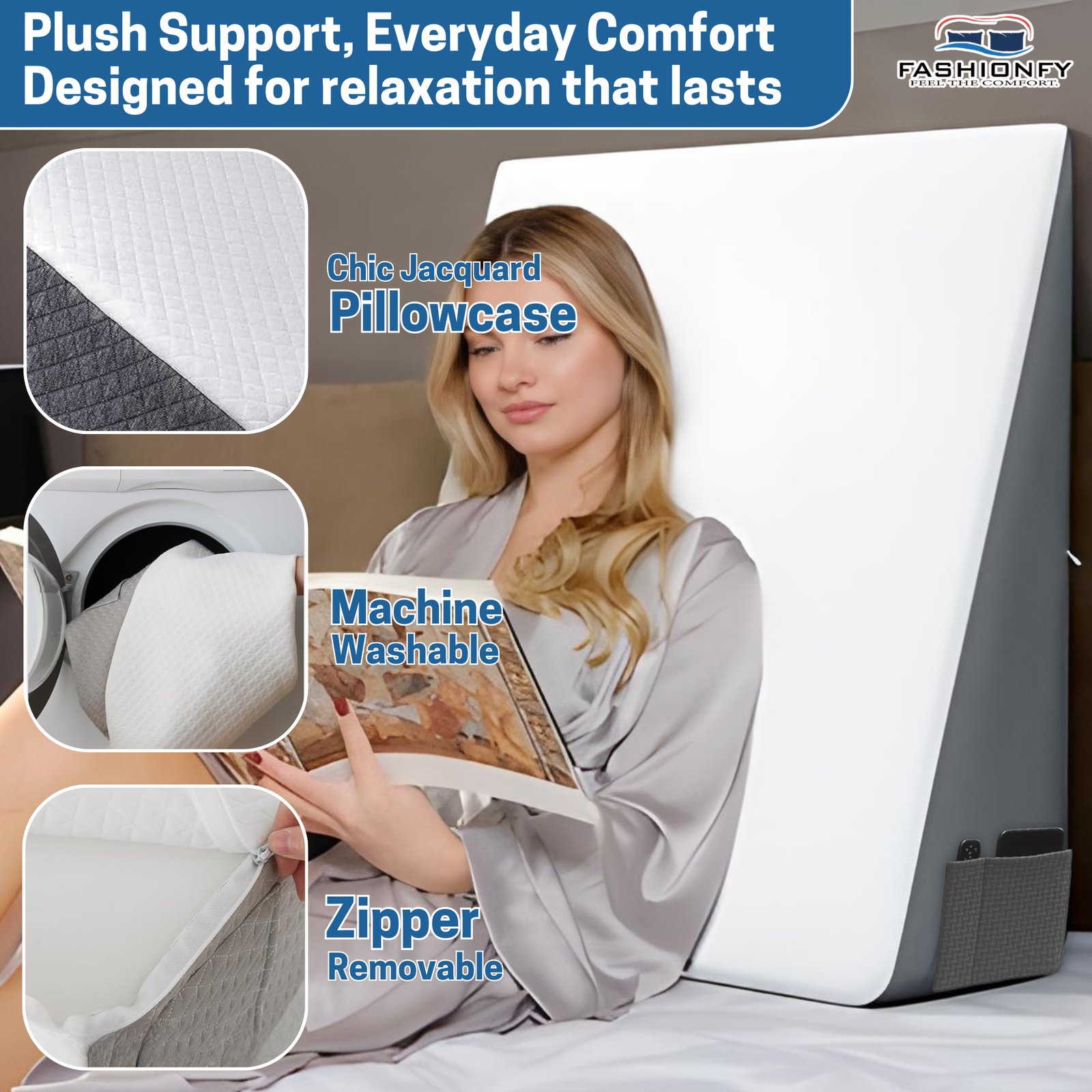 FASHIONFY Orthopedic Bed Wedge Pillow | Jacquard Cover with With Side-Pocket - Image 4