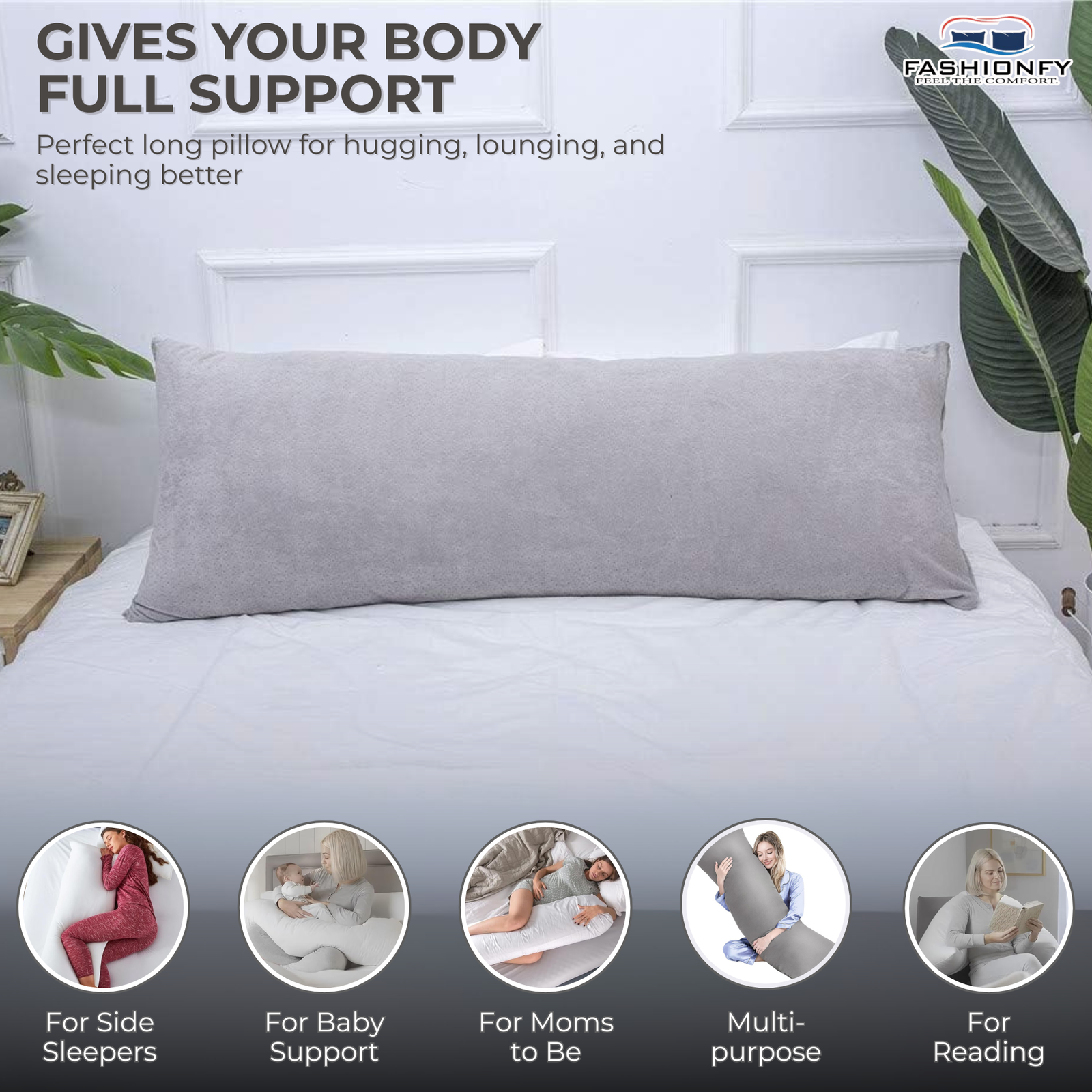 FASHIONFY® Long Body Pillow with Velvet Cover | Straight Pregnancy Pillow for Belly Support & Hip Pain - Image 5
