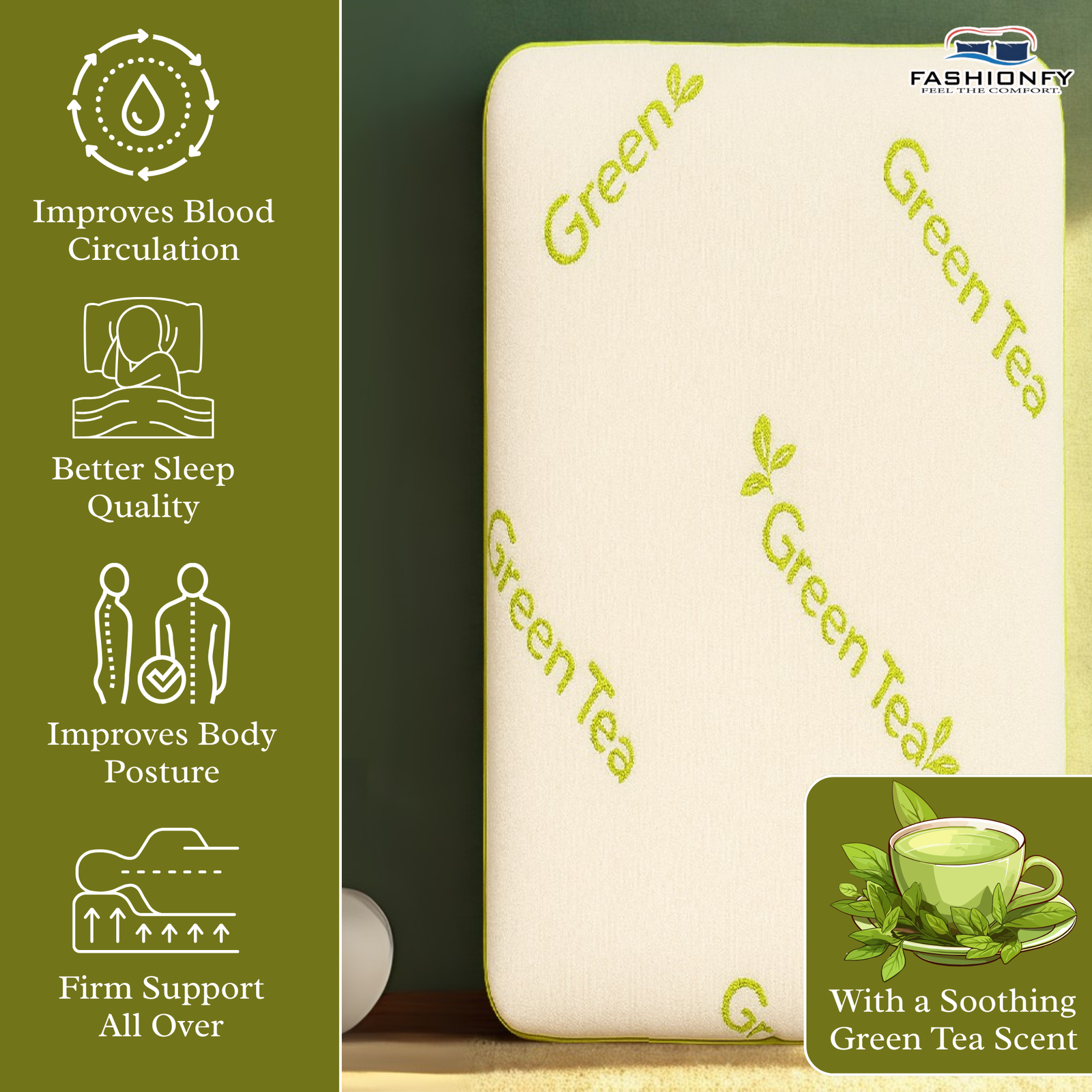 FASHIONFY® Green Tea Memory Foam Pillow for Side Sleepers, Hot Sleepers, Neck Pain, Shoulder Pain & Back Support - Image 3