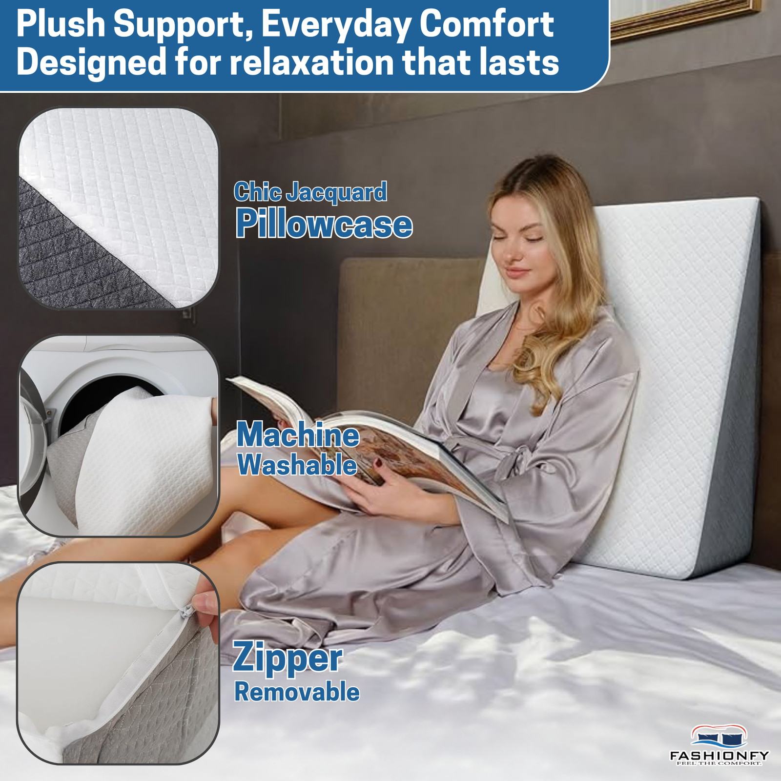 FASHIONFY Wedge Pillow for Back & Neck Support, Chic Jacquard Pillowcase - Image 4