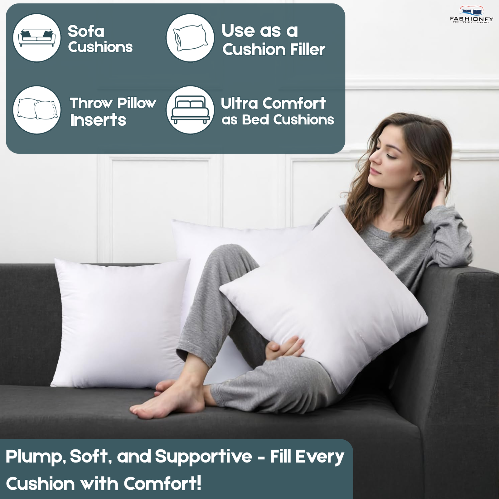FASHIONFY® Soft Cushion Fillers for Sofa Cushions, Throw Pillow Inserts - Image 2