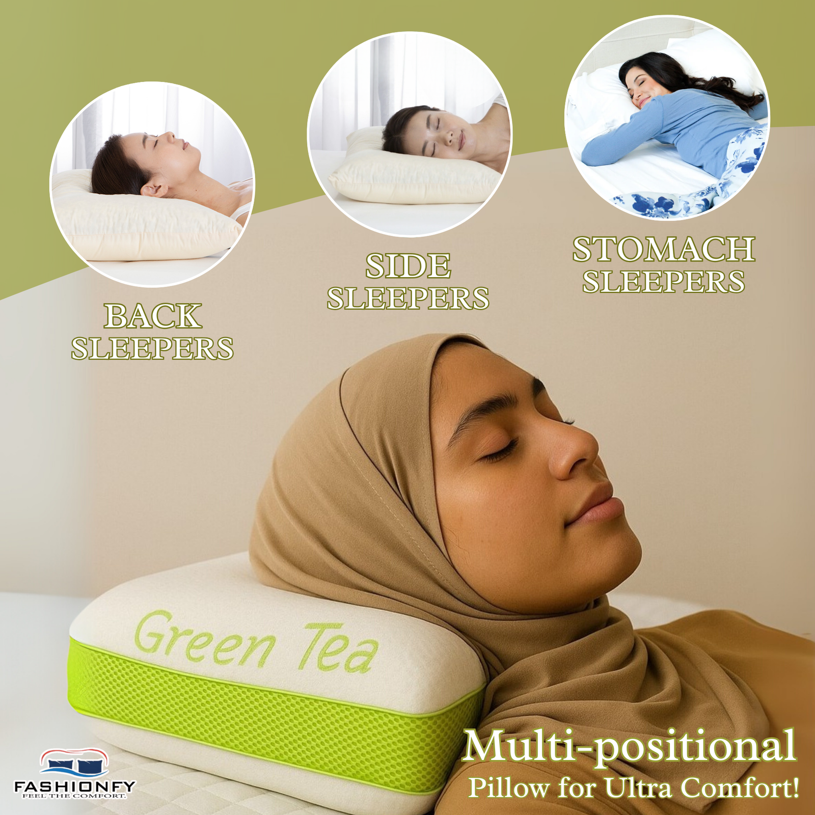 FASHIONFY® Green Tea Memory Foam Pillow for Side Sleepers, Hot Sleepers, Neck Pain, Shoulder Pain & Back Support - Image 6