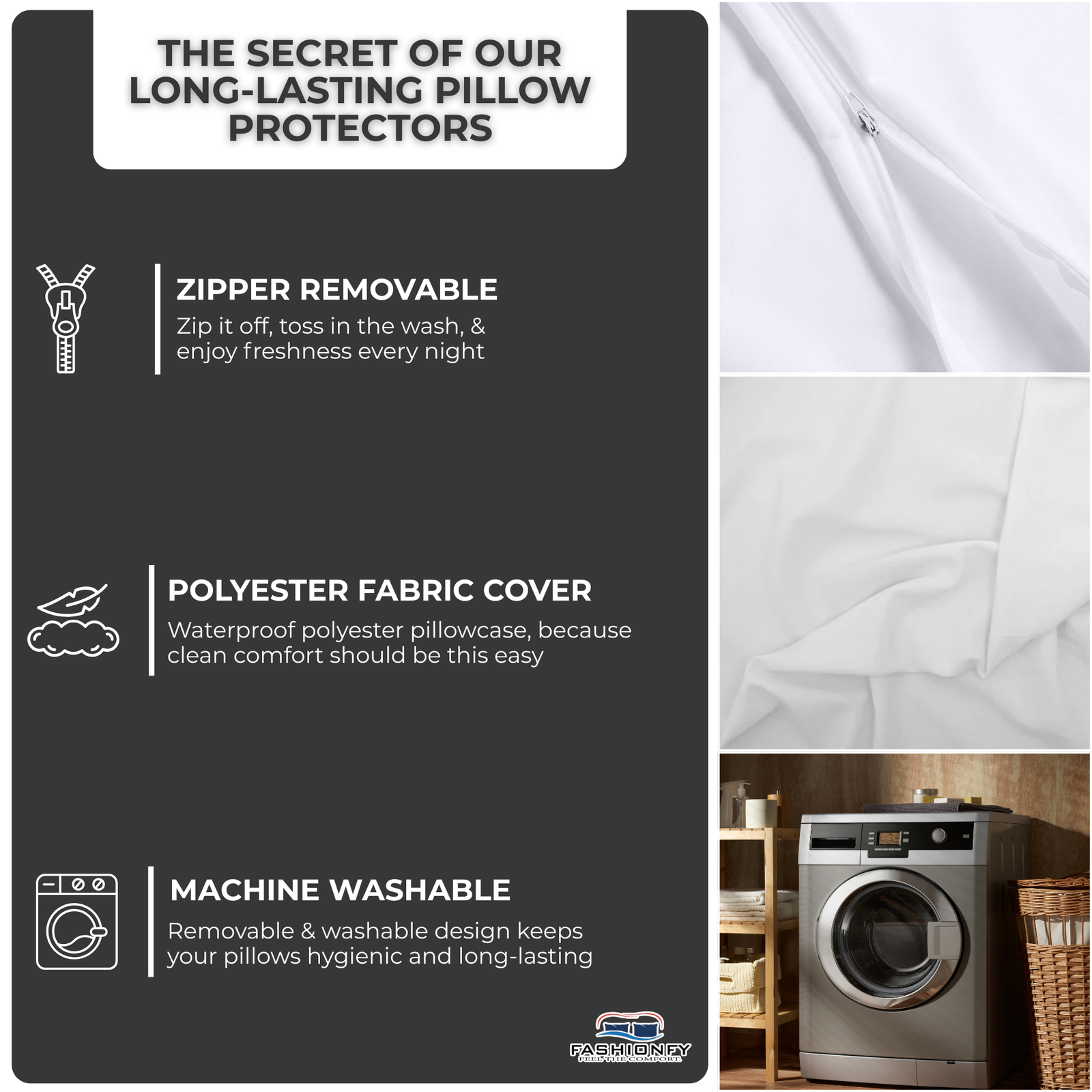 FASHIONFY® Pillow Protectors with Zipper Enclosure | Set of 2 100% Waterproof Polyester Bed Pillow Covers - Image 3
